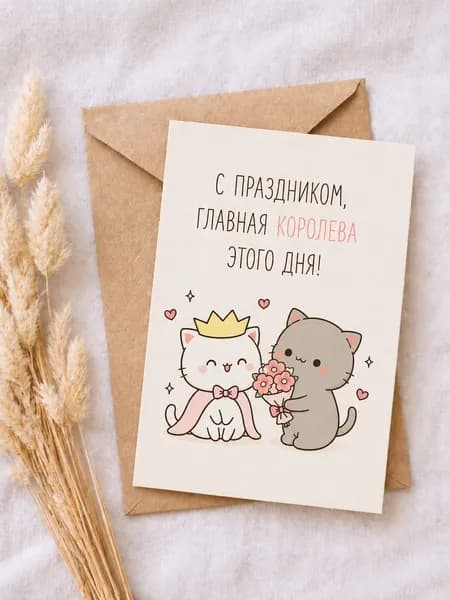 Открытка С Праздником женщине 10х15 с крафт-конвертом, котики, главная королева