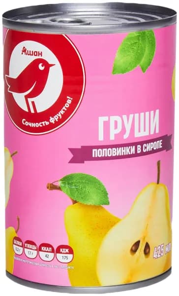 Груши консервированные АШАН Красная птица половинки в сиропе, 425 г