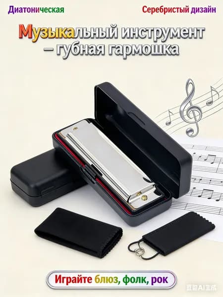 Губная гармошка с футляром, диатоническая, тональность С, серебристая