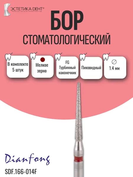 Бор стоматологический алмазный, хвостовик FG, пиковидный, 166-014F, Dian Fong, Китай, 5 шт.