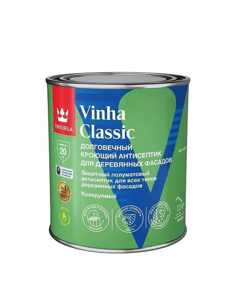 Антисептик долговечный кроющий для деревянных фасадов Tikkivala (Tikkurila) VINHA CLASSIC VVA / Тиккурила Винха Классик полуматовый белый 0.9 л