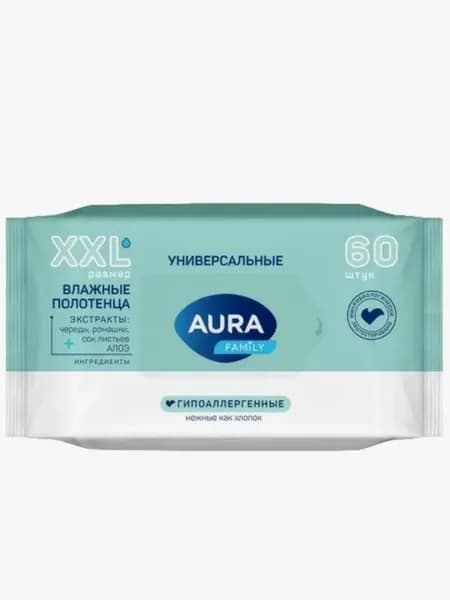 Влажные полотенца XXL Aura Family для всей семьи, гипоаллергенные, универсальные, 60 шт.