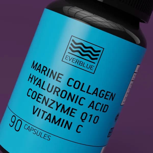Комплекс морской коллаген, гиалуроновая кислота, коэнзим Q10 и витамин С ("Marine collagen, hyaluronic acid, coenzyme Q10 and vitamin C complex") от EVERBLUE (Швейцария).