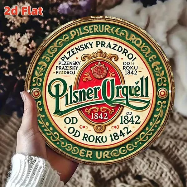 2D плоская металлическая настенная табличка с логотипом пива Pilsner Urquell - круглая алюминиевая табличка с винтажным дизайном 1842 года, HD-печать, водонепроницаемая и пылезащитная.