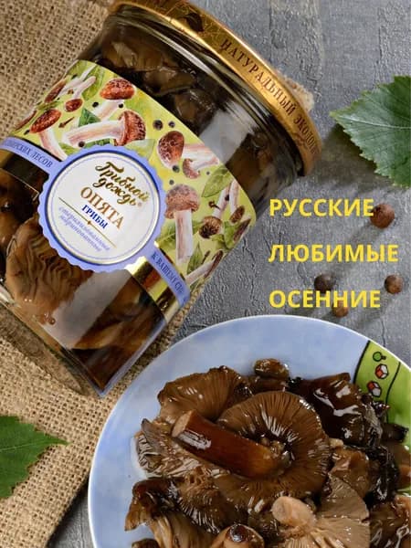Опята лесные осенние маринованные, грибы консервированные в банке, на закуску и для приготовления салатов, "Грибной дождь"