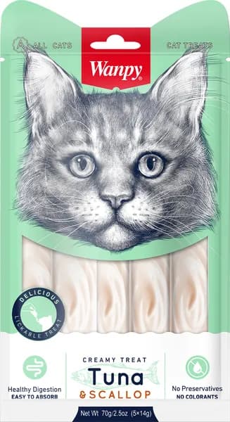 Wanpy Cat Лакомство для кошек "Нежное пюре" с тунцом и гребешками, 70 г