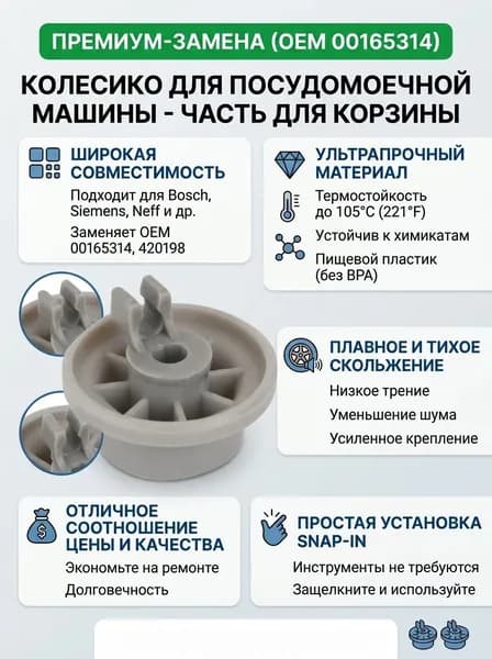 Ролики для посудомойки Бош Сименс 165314, колесики нижней корзины, запчасти для бытовой техники