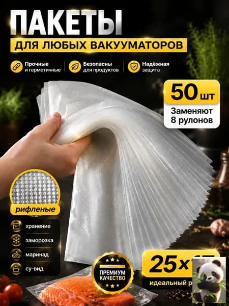 Пакеты для вакууматора рифленые, для хранения и заморозки продуктов, прозрачные 17х25 50штук