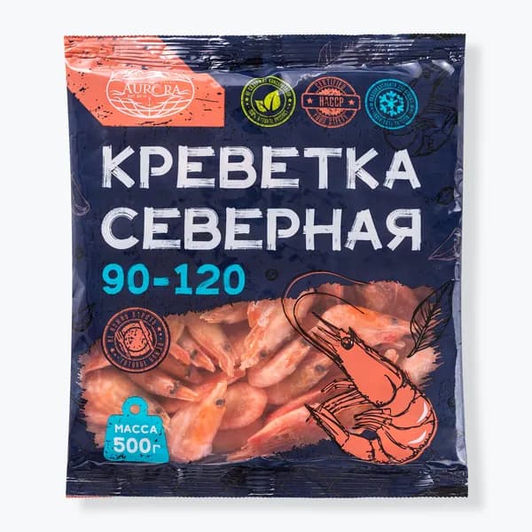 Креветки Северные неочищенные 500 г, 90/120, AURORA, в/м