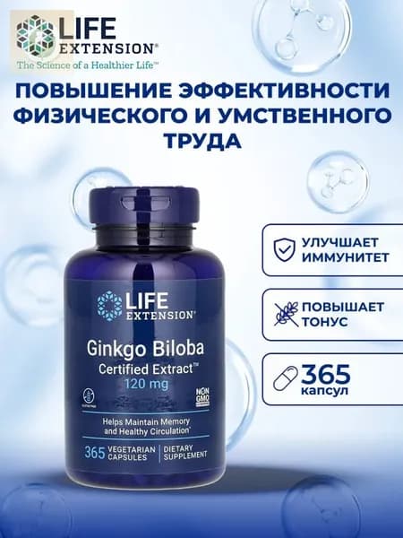 Life Extension, Гинкго билоба (Ginkgo Biloba), 120 мг, 365 вегетарианских капсул.