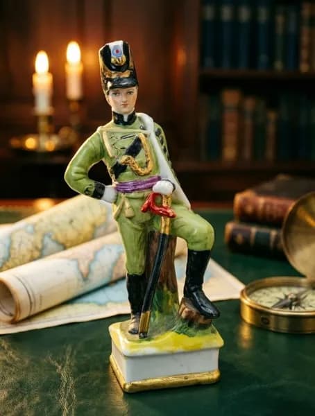 Винтажная фарфоровая статуэтка "Офицер стрелковой бригады 1815", Западная Европа 1970-е, ручная роспись, позолота, БИТАЯ