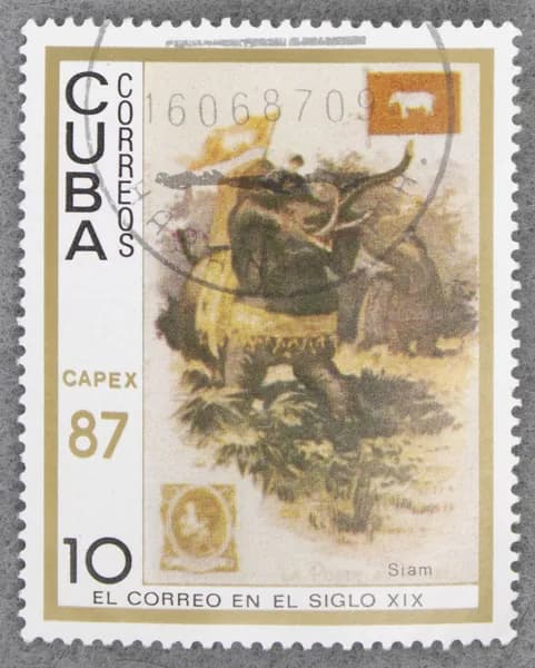 Почтовая марка "Elephant post, Siam". Номинал 10 c. Cuba. 1987 год. (Michel CU 3104)
