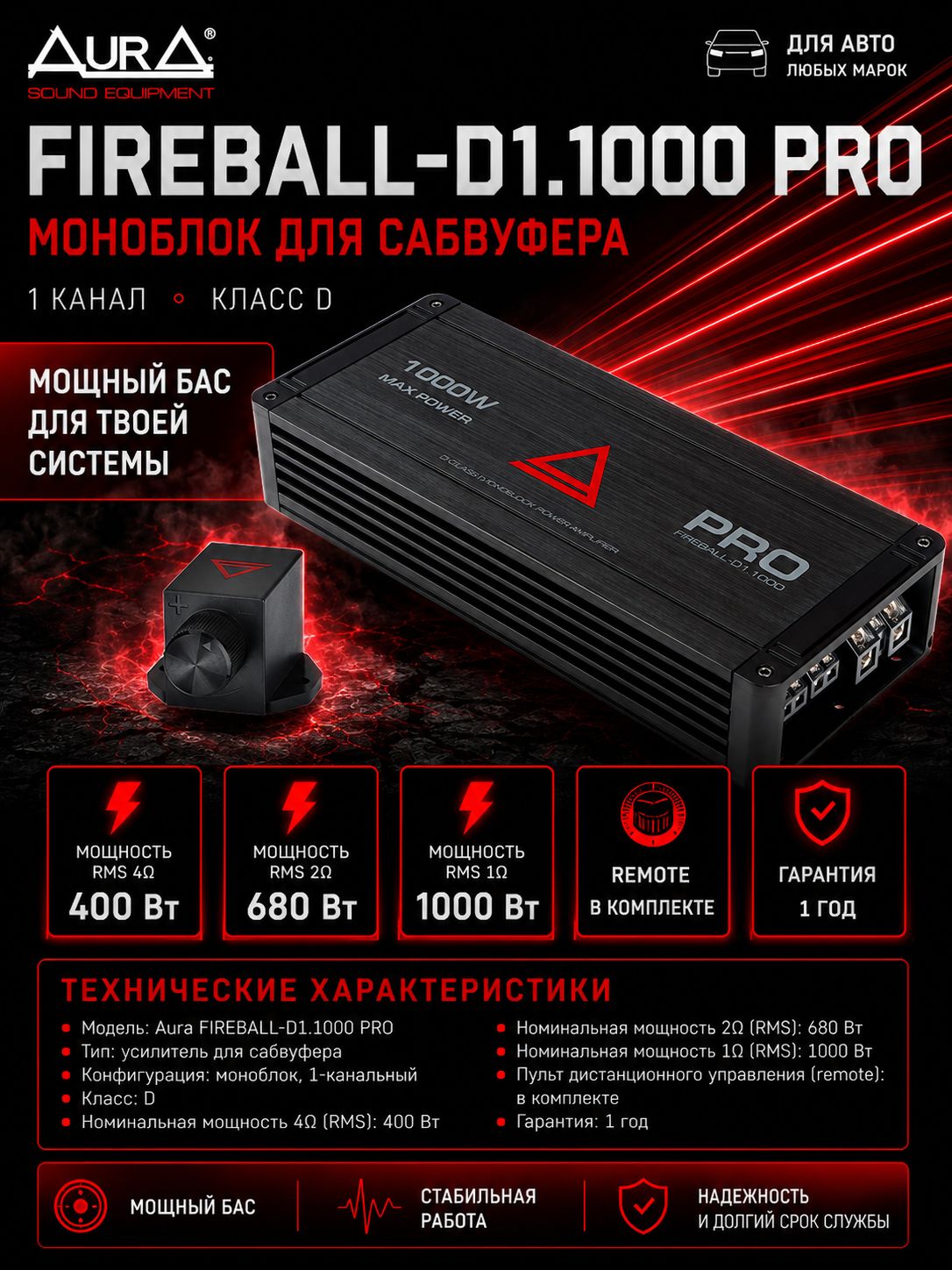 Усилитель Aura FIREBALL-D1.1000 PRO для сабвуфера, моноблок, 1000 Вт. 1 канал