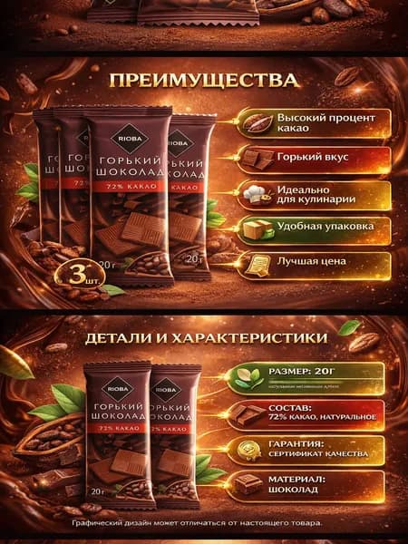 RIOBA Шоколад горький 72% какао, 20г x 3 упаковки