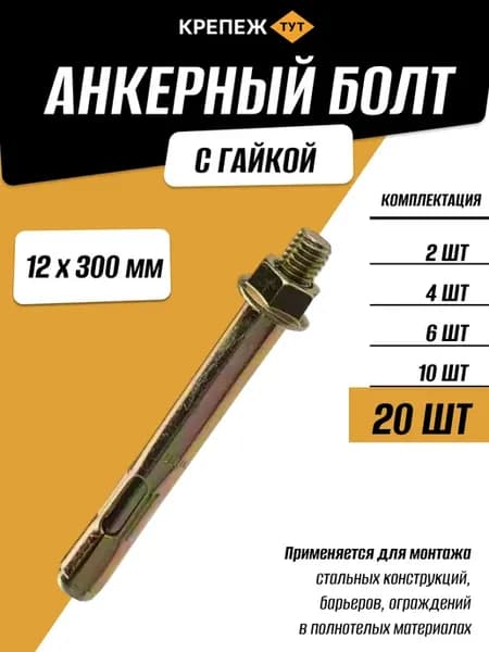 Анкерный болт с гайкой 12х300мм, 20 шт