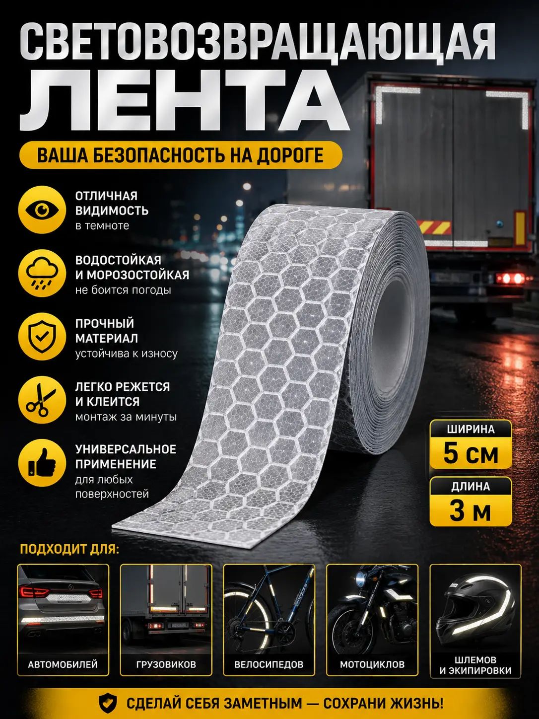 Светоотражающая предупреждающая лента, белая, 5см*3м