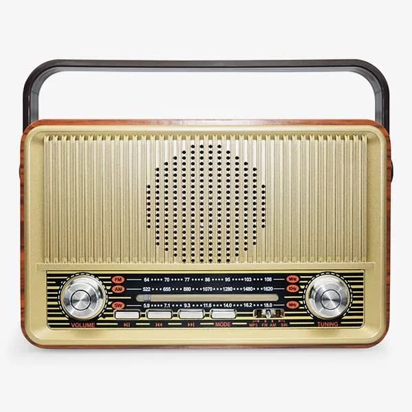 Радиоприемник аналоговый трехдиапазонный MIRU SR-1028 Retro золотистый, 5 Вт, FM/AM/SW, USB/microSD/MP3/AUX, антенна, ручка, сеть/аккумулятор, 215х90х130мм