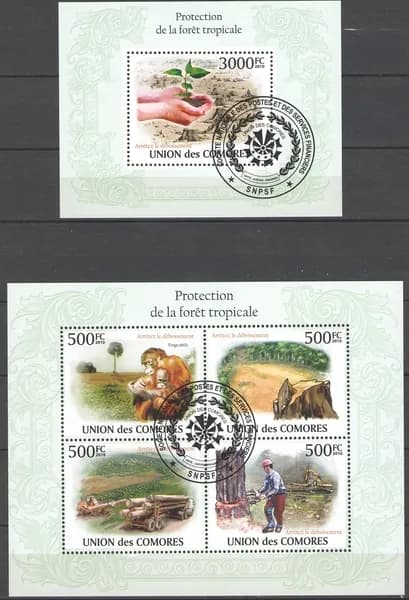 Коморские острова 2010 год Гашеные блок и лист марок тема "Защита тропических лесов"