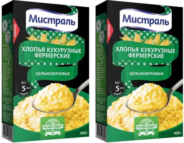 Мистраль кукурузные хлопья Фермерские, заряжают энергией, легко усваиваются и полезны для здоровья, цельнозерновые, 400 г. (2 шт.)
