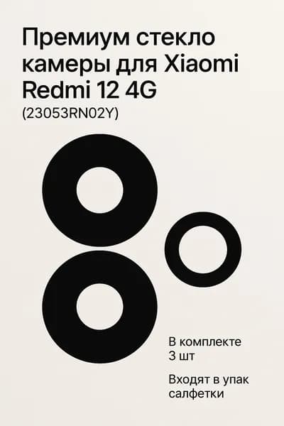 Стекло камеры для Xiaomi Redmi 12 4G (23053RN02Y), салфетки в уп, черный, 3 шт в комплекте