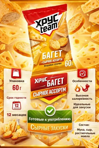 Сухарики ХРУСTEAM багет Сырное ассорти, 60г