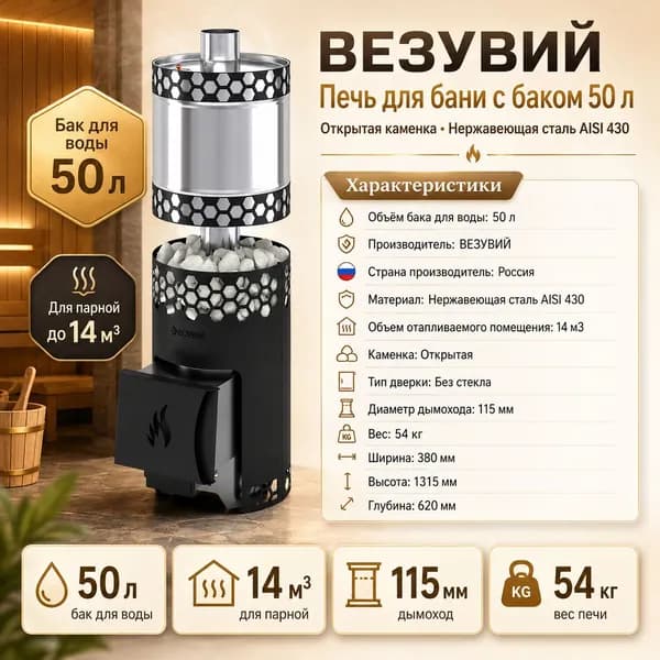 Печь для бани Везувий "Чёрная Пчёлка" НЕРЖ. с баком