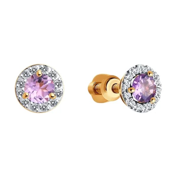 Золотые серьги DIAMANT-ONLINE с фианитом и аметистом 585 пробы