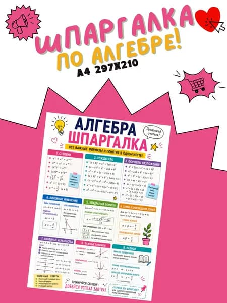 Обучающий плакат Шпаргалка по алгебре на стену в школу и домой детям / Плакат формата А4 (21*30 см)
