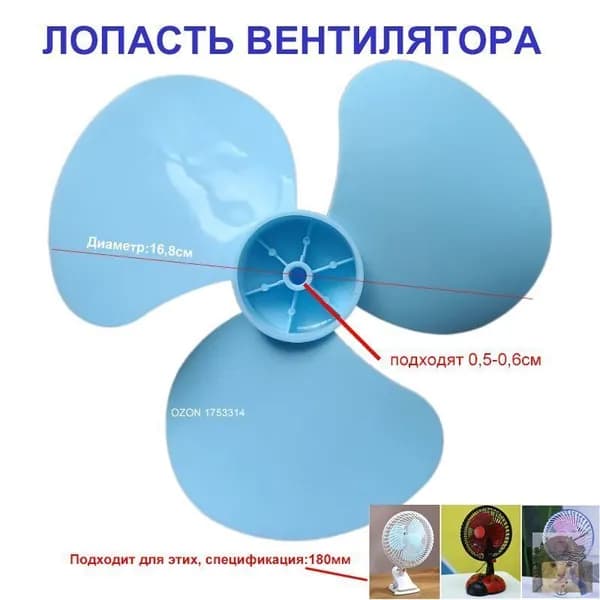 Лопасть вентилятора (крыльчатка) 16.8 см, универсальная для маленьких настольных вентиляторов 180 мм, синяя