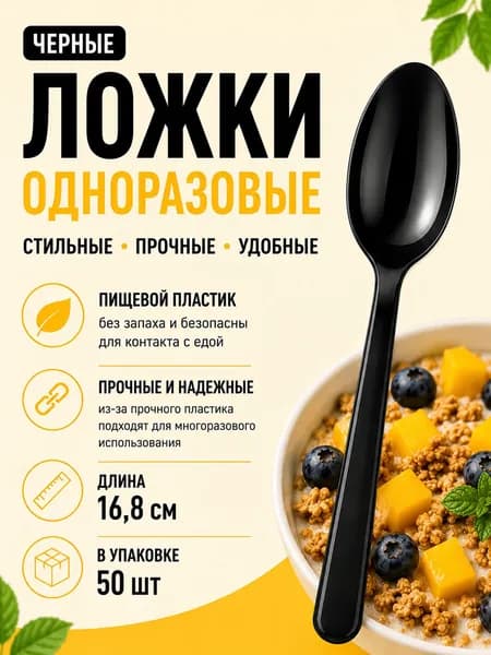 Ложки одноразовые пластиковые черные 168 мм 50 шт