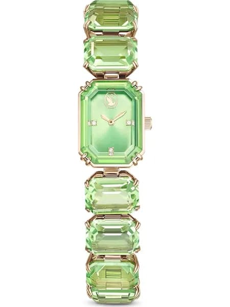 Женские часы Swarovski с кристаллами, прямоугольный корпус, зелёный браслет