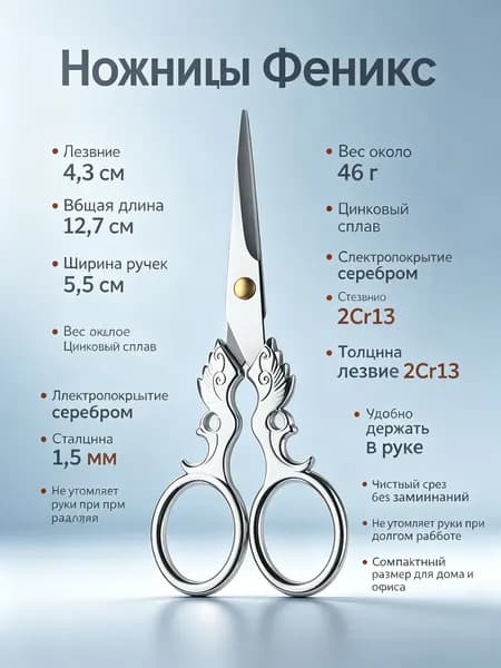 Ножницы для рукоделия винтажные PH365 с рисунком феникса, серебряные, из нержавеющей стали, острые, для вышивки и дома