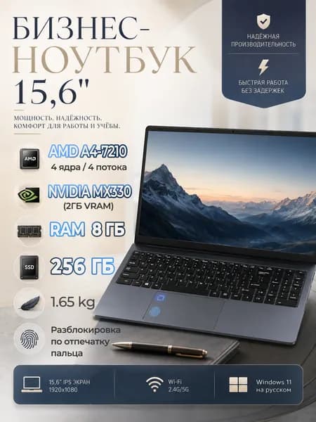 Игровой ноутбук 16", AMD A4-7210, RAM 8 ГБ, SSD 256 ГБ, NVIDIA GeForce MX330 (2 Гб), Windows Pro, темно-серый, Русская раскладка