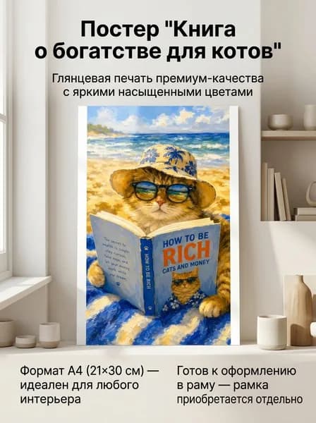 Постер интерьерный А4 21х30 "Книга о богатстве для котов"