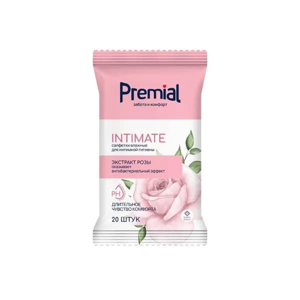 Premial Влажные салфетки Intimate для интимной гигиены, с экстрактом розы, 20 штук в упаковке