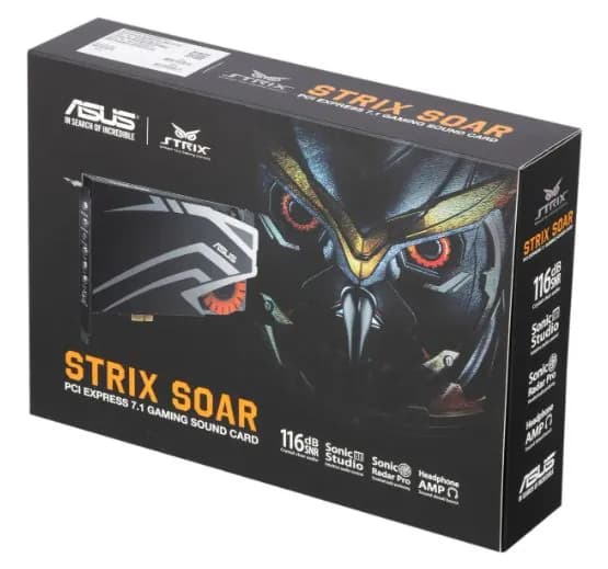 Звуковая карта Asus 7.1 Strix Soar Box Retail внутренняя, разъём PCI-E x1, для современных компьютеров, ОГРОМНАЯ разница со встроенной!