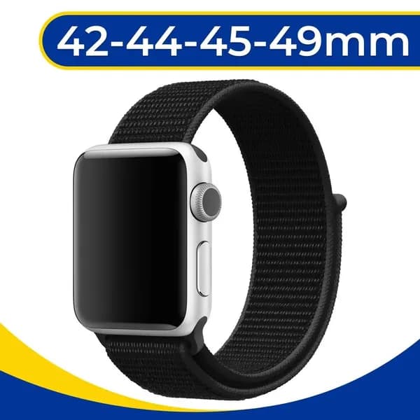Нейлоновый ремешок для Apple Watch series 1-9 SE, SE 2, Ultra и Ultra 2 42-44-45-49 mm / Эластичный тканевый ремешок на липучке, Черный