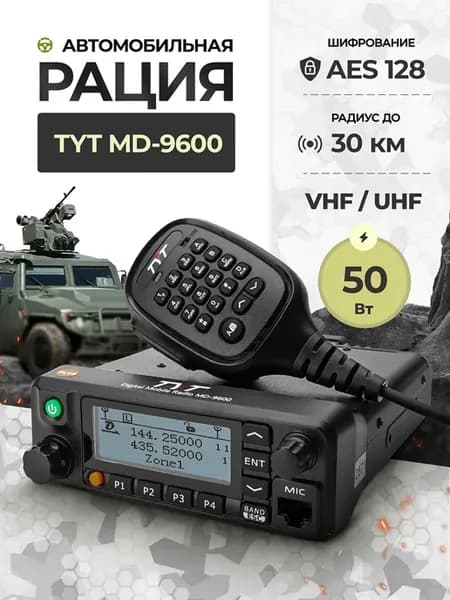 Рация автомобильная цифровая MD-9600 AES-128 50W UHF VHF