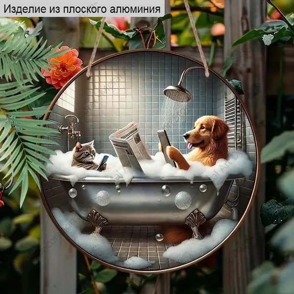 Круглая алюминиевая табличка 20 см, 2D плоская, иллюстрация с животными, декор для ванной, декор