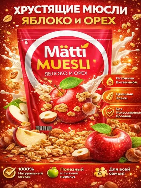 Мюсли запеченные с Яблоком и Орехом Matti 250г