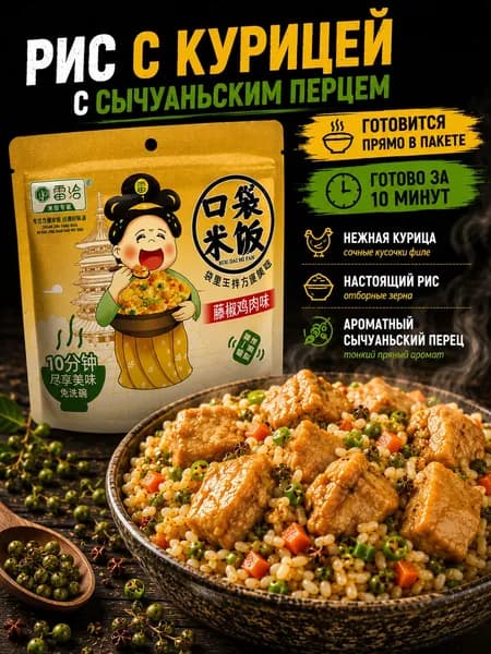Рис быстрого приготовления с курицей и сычуаньским перцем, азиатское готовое блюдо, китайский рис с мясом