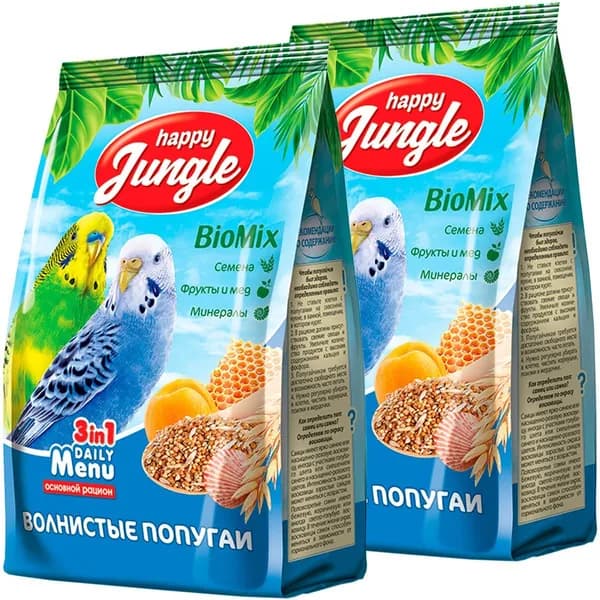 Корм для птиц HAPPY JUNGLE для волнистых попугаев (500 гр х 2 шт)