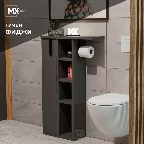 Тумба Фиджи Графит/Графит, ЛДСП, с держателем для туалетной бумаги, открытыми и закрытыми полками, для ванной, для туалета, 500х803х156 ИГНИ