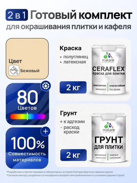 Комплект Malare LIPPO для окрашивания плитки и кафеля (2кг грунт + 2кг краска), акриловый, без запаха, быстросохнущий, полуглянцевый, цвет бежевый