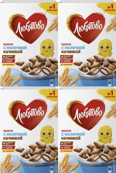 Подушечки Любятово пшеничные с молочной начинкой, комплект: 4 упаковки по 220 г