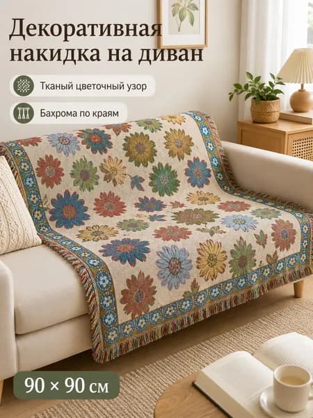 Декоративная накидка на диван 9090 см, цветочный узор с бахромой, полиэстер