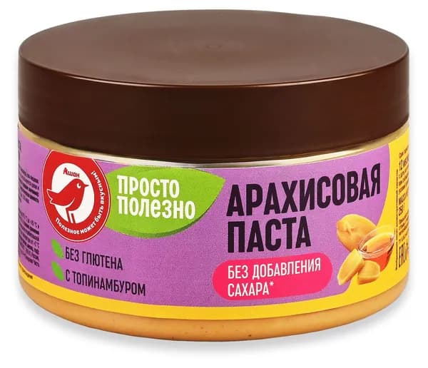 Паста арахисовая АШАН Красная птица Просто Полезно с топинамбуром без добавления сахара, 250 г