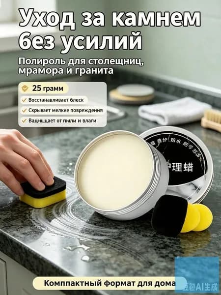 Воск для полировки камня и столешниц, гидрофобный защитный состав мрамора, гранита, кварца, средство против царапин и пятен на кухне, паста 25 г