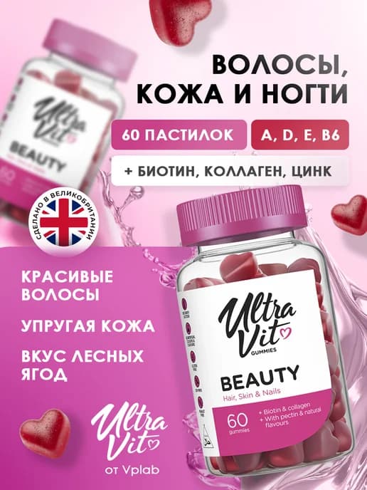 Витамины для волос ногтей и кожи, Beauty 60 пaстилок