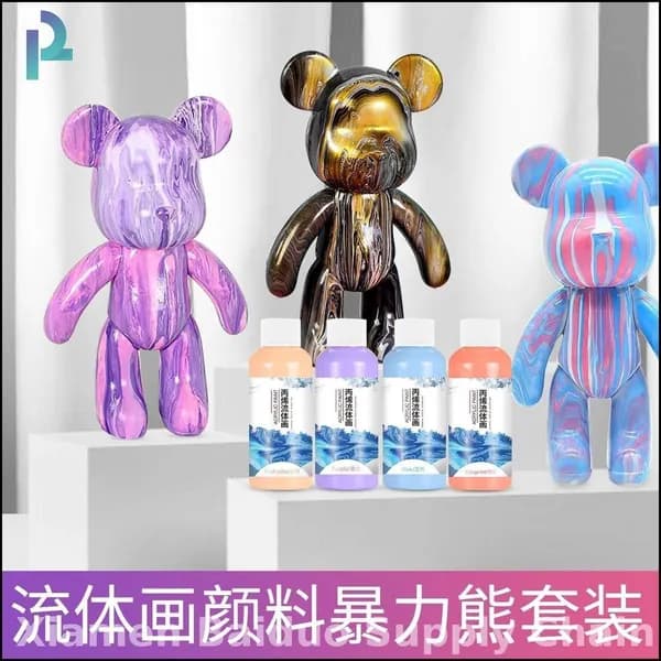 Эксклюзивный набор для флюид арта BearBrick 23 см с красками в розовых, сиреневых и белых тонах создан для творчества детей и взрослых